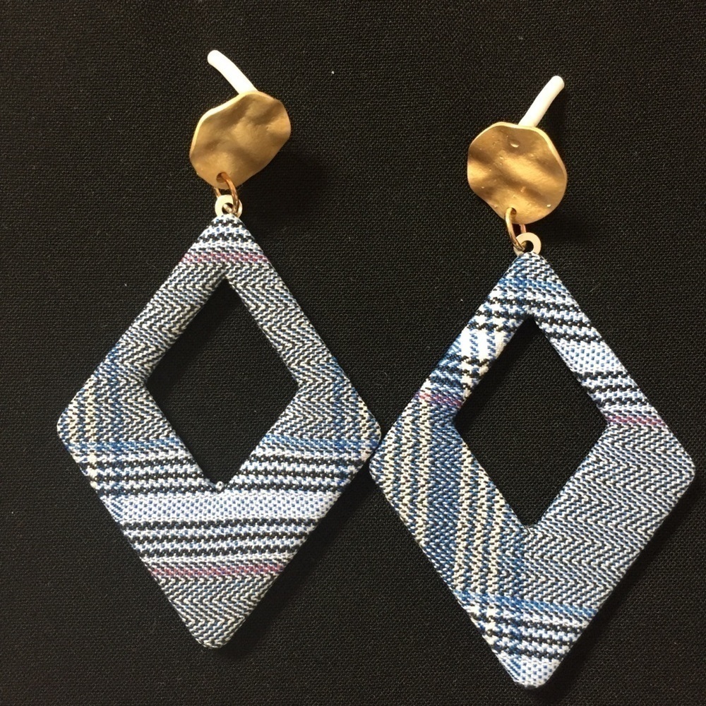 Gold-tone blue plaid print Rectangle drop earrings